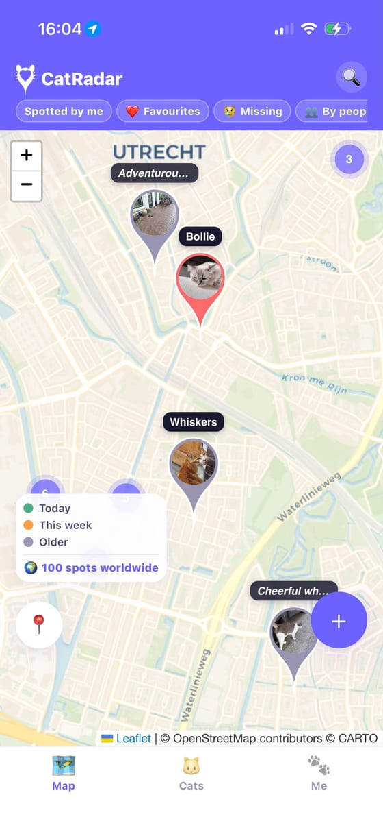 CatRadar-kaart met kattenpins in Utrecht